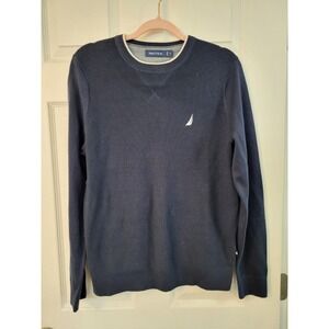 Nautica Navy Blue Crewneck Sweater Mens Size S White Trim Pullover Preppy